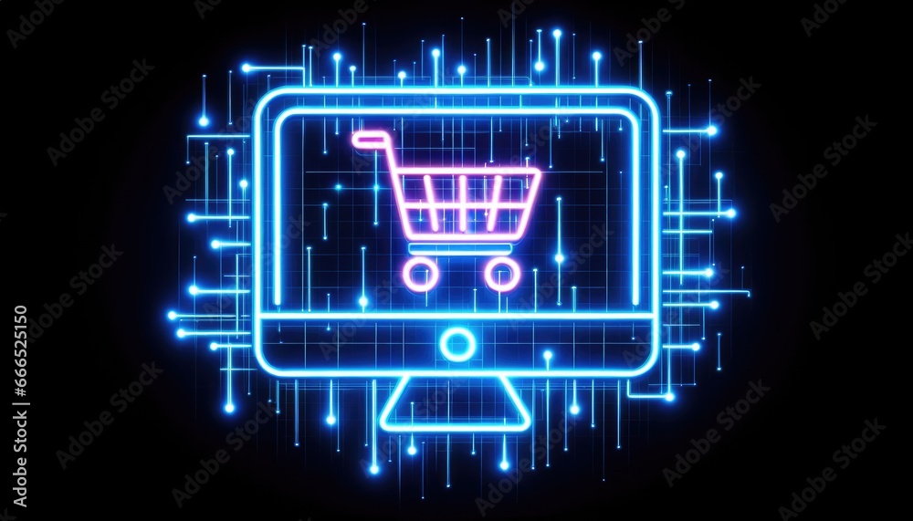 Neon glowing color futuristic Online shopping cart sign. 