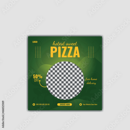 Fast food restaurant business marketing social media post or web banner template design with abstract background, logo and icon. Fresh pizza, burger & pasta online sale promotion flyer or poster. photo
