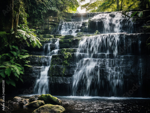 A picturesque waterfall hidden amidst vibrant greenery  flowing down in a cascading manner.