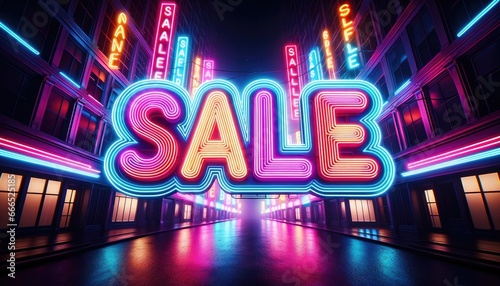Neon glowing color SALE shopping sign. 