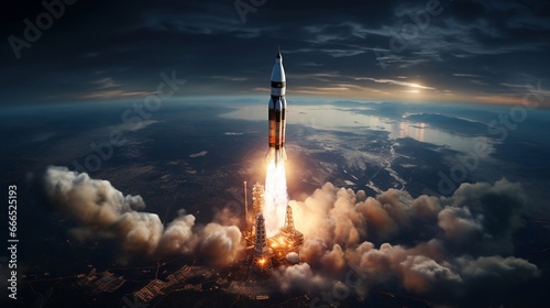 Space rocket starts from land to the space