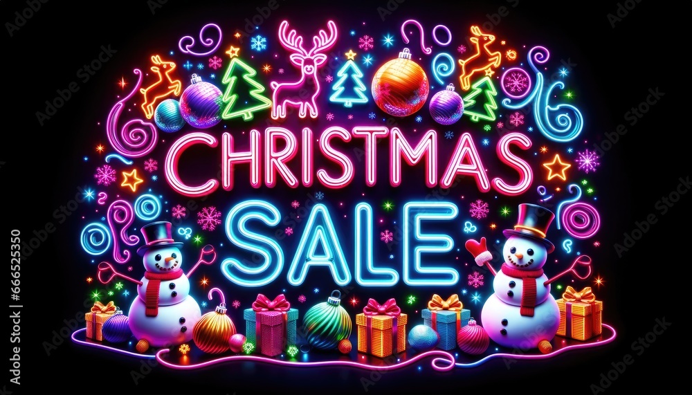 Neon glowing color shopping Christmas happy new year 2024 2025 sale sign. 