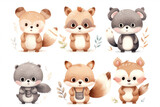 Cartoon raccoon forest animals art drawing set fox character zoo
