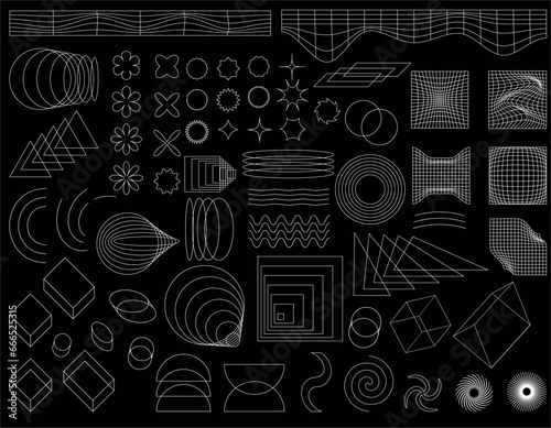 Geometric wireframe forms. Abstract backgrounds, patterns, cyberpunk elements, vector. Retro-futuristic aesthetics of the 00s 2000.
