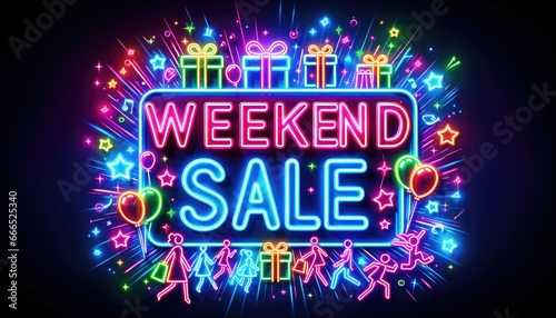 Neon glowing color shopping weekend sale sign.  photo