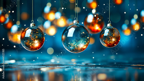 Christmas and New Year holidays background with golden and blue balls. Christmas tree decorations on a blue background. 3d rendering. Generative AI technology. © Grycaj
