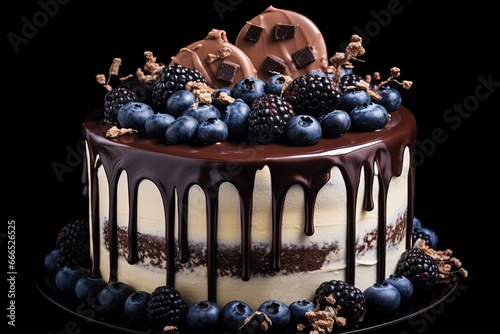 Brown cream cheese frosting with dark chocolate drips adorns a birthday cake topped with blueberries cookies and bubble chocolates The cake sits against photo
