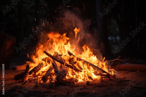 Campfire flames at night