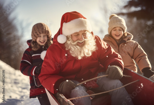 AI generative images. Happy and playful Santa Claus and kids sledding on a sledge in a snowy landscape photo
