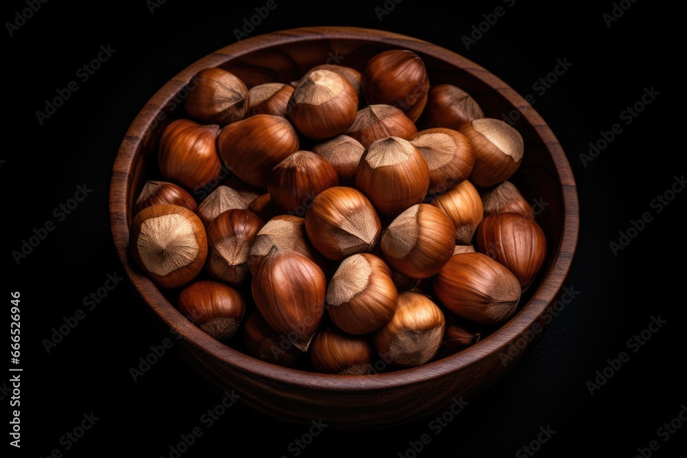 Close up macro photo of crisp shelled hazelnuts in a wooden bowl isolated on a white background Close up macro photo of crisp shelled hazelnuts in a wooden bowl isolated on a white background