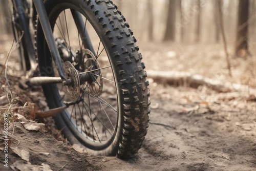Mountain bike with deflated tire on trail. Focus on tire. Generative AI