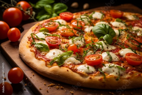 Delicious veggie pizza topped with cherry tomatoes, mozzarella, and oregano. A close-up view. Generative AI