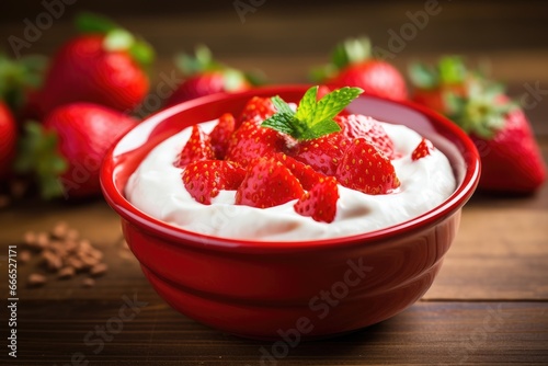 Close up of red bowl with fresh strawberries and homemade Greek yogurt