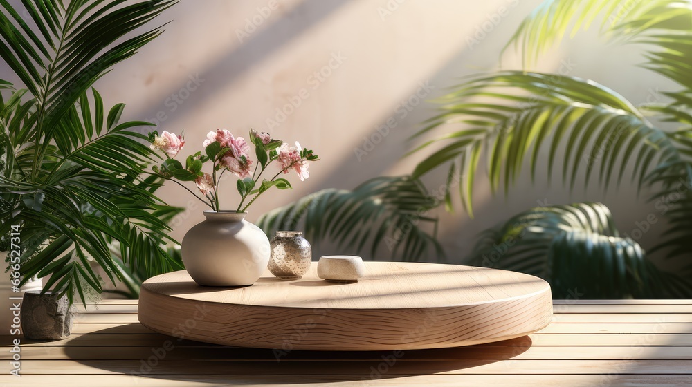 Beautiful wood grain round wood podium dish in sunlight tropical palm leaf. Beautiful wood grain round wood podium dish in sunlight tropical palm leaf.
