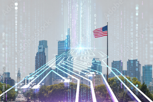 Day time cityscape of Philadelphia financial downtown, Pennsylvania, USA. City Hall neighborhood. Hologram Artificial Intelligence concept. AI and business, machine learning, neural network, robotics