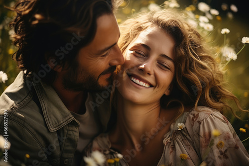 Generative AI image of portrait of smiling young couple with closed eyes while sitting together on fresh blooming colorful flowers in daylight photo