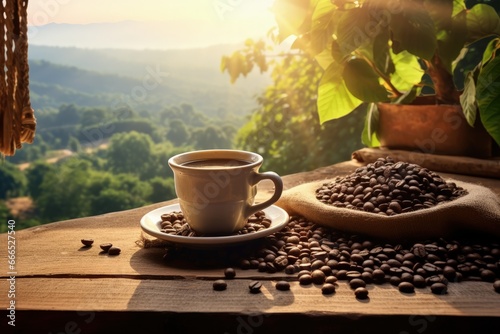 Coffee on wooden table with sack full of beans and plants and coffee fields in background with sun rays Front view Horizontal composition photo