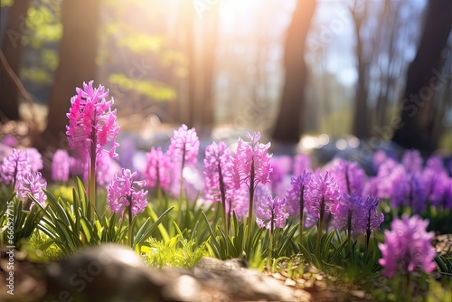 Colorful spring landscape with blooming flowers in a sunny forest glade featuring pink and purple hyacinths
