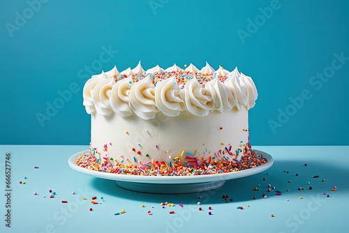 Colorful sprinkles cover a white birthday cake on a blue background