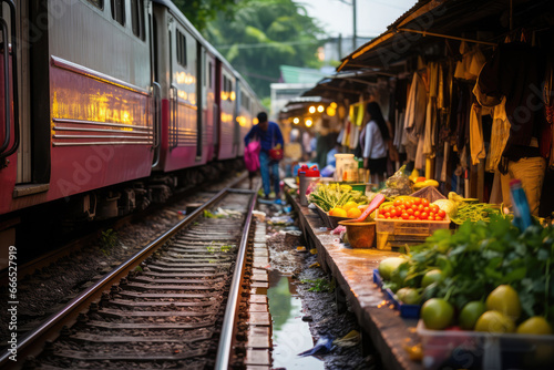 A train traveling down train tracks next to a market created with Generative AI technology photo