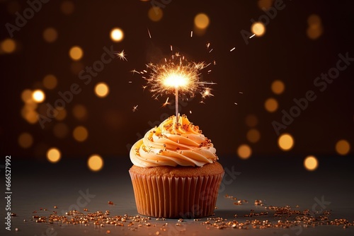 Cupcake with sparkler and space beside for text in orange