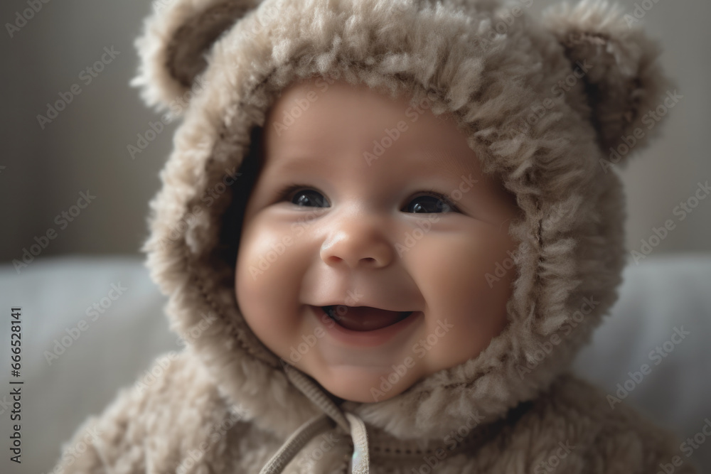 Smiling baby in woolen bear hat Smiling baby in woolen bear hat