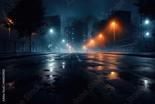 Dark empty street with wet asphalt neon reflections searchlight smoke and smog