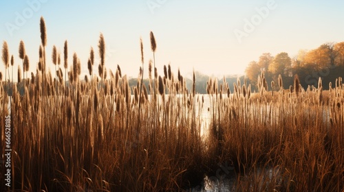 A field of tall, slender cattails, their cylindrical shapes forming a rhythmic pattern against the surrounding wetland. The cattails are detailed, down to the fluffy seed heads.