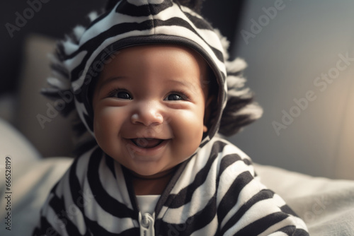 Joyful baby boy in zebra print hooded outfit photo