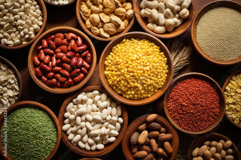 Fototapeta premium Assorted natural cereal made from soybean rice goji berry sesame pumpkin watermelon sunflower seed black eye pea mung peanut flax seed corn pinto garbanzo