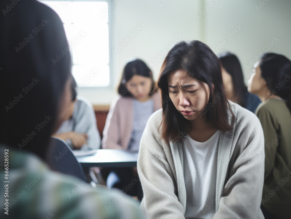 depressed woman at support group meeting depressed woman at support group meeting