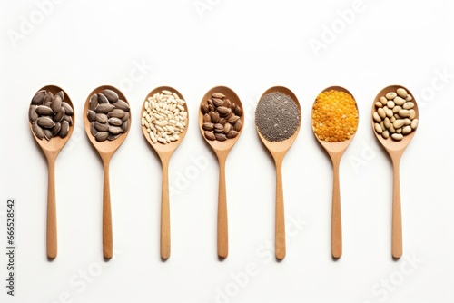 Assorted seeds on white background Sesame flax sunflower pumpkin chia hemp seeds in spoons Healthy food ingredients top view