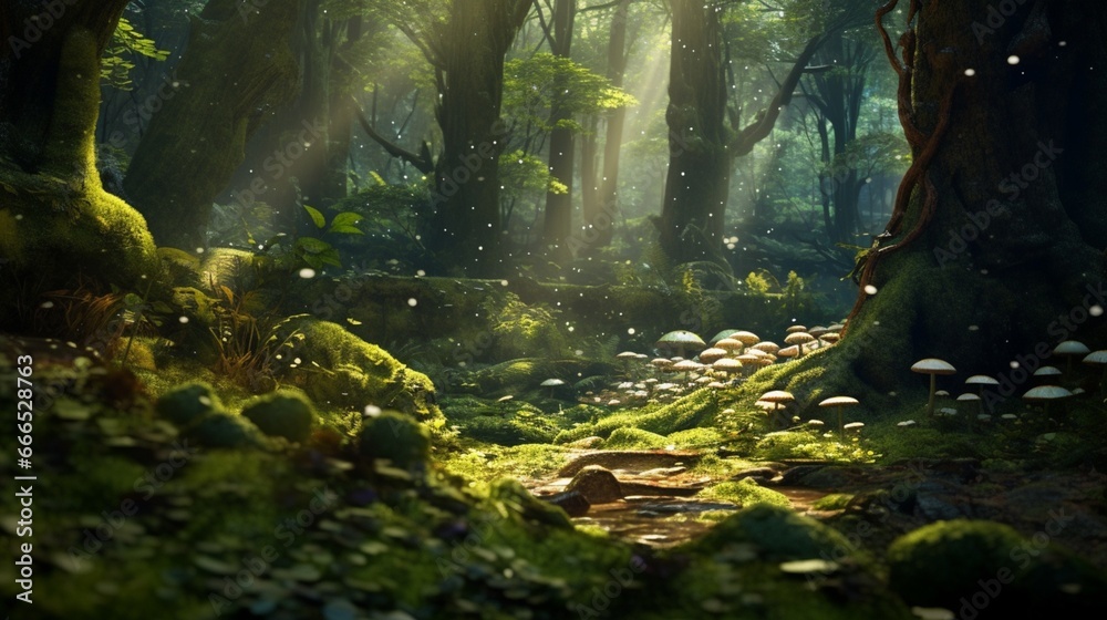 A forest floor covered in a carpet of moss, with tiny mushrooms peeking through the soft, velvety surface. Shafts of dappled sunlight filter through the canopy, creating a play of light and shadow.