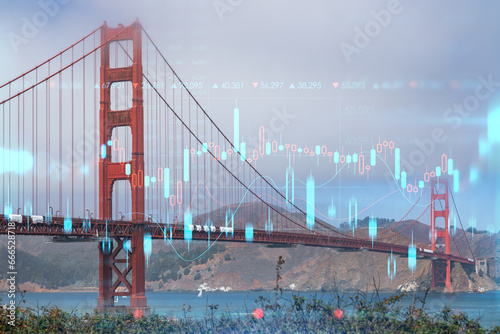 Iconic view of the Golden Gate Bridge from South side, day time, San Francisco, California, United States. Forex graph, charts hologram. Concept of internet trading, brokerage, fundamental analysis