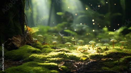A forest floor covered in a carpet of moss  with tiny mushrooms peeking through the soft  velvety surface. Shafts of dappled sunlight filter through the canopy  creating a play of light and shadow.