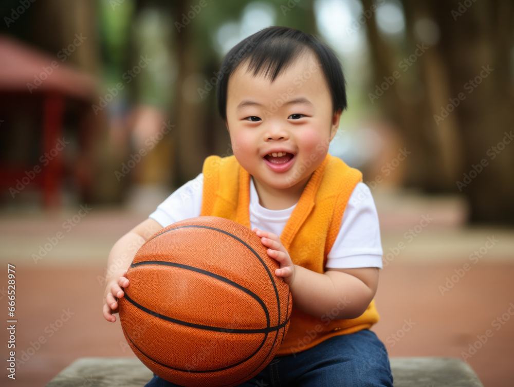 A child with Down syndrome plays with a leather ball A child with Down syndrome plays with a leather ball