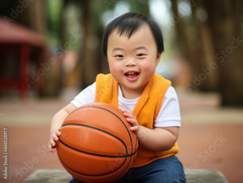 A child with Down syndrome plays with a leather ball