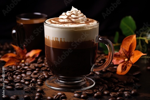 Black coffee with foam and coffee beans served in cafes and restaurants
