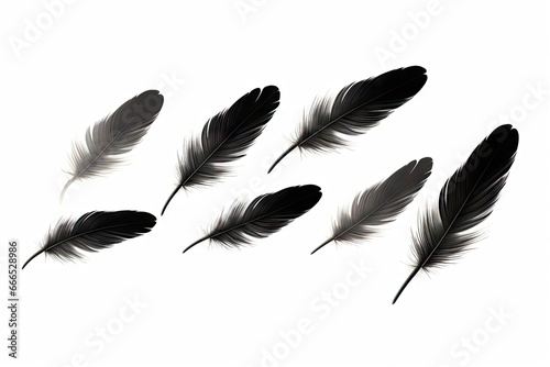 Black feathers floating in the air isolated on a white background © VolumeThings