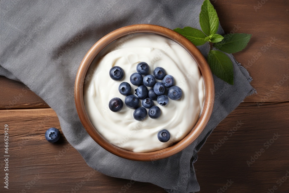 Blueberries on white yogurt in a wooden bowl seen from above Blueberries on white yogurt in a wooden bowl seen from above