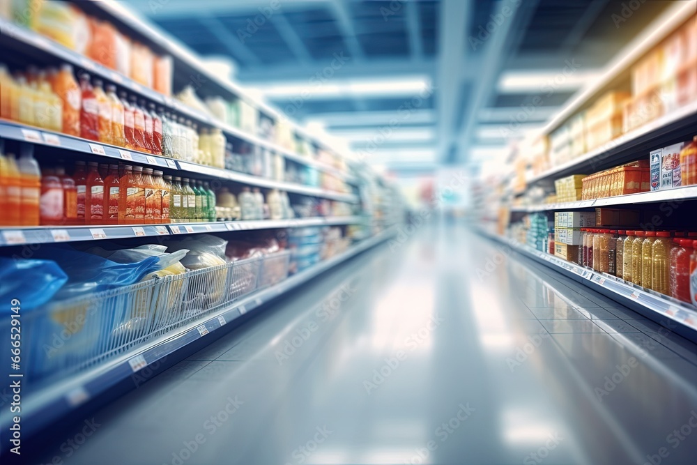 Blurred background with supermarket aisle and shelves