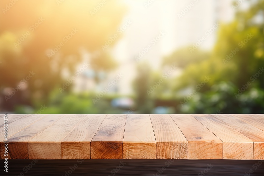 Blur kitchen window background with wood table top for product or food display Blur kitchen window background with wood table top for product or food display