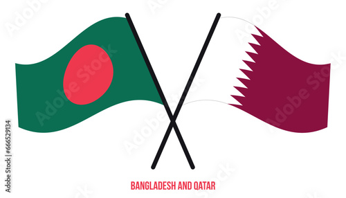 Bangladesh and Qatar Flags Crossed And Waving Flat Style. Official Proportion. Correct Colors.