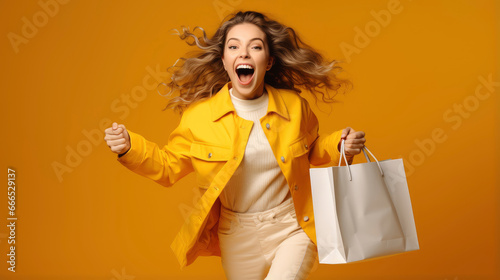Wallpaper Mural Excited woman running with shopping bag on yellow background Torontodigital.ca