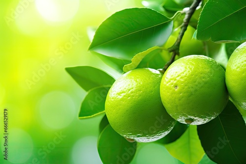 Blurred green lime on the tree excellent source of vitamin C like a green lemon