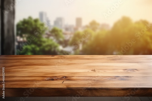 Blurred kitchen backdrop with wooden textured table surface photo