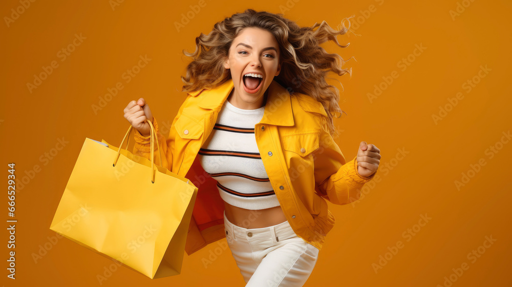 Excited woman running with shopping bag on yellow background Excited woman running with shopping bag on yellow background