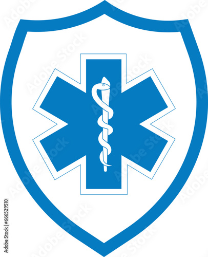 Medical symbol blue Star of Life with Rod of Asclepius icon. Shield, protection. Isolated on white background. First aid. Emergency symbol. Vector illustration.