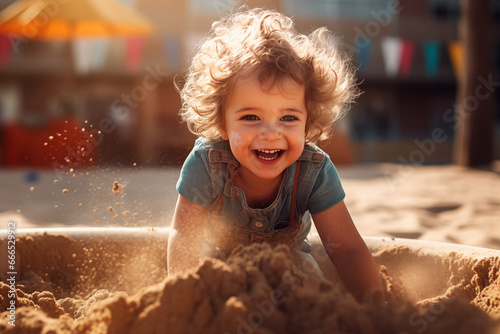 Kind spielt im Sandkasten auf dem Spielplatz photo