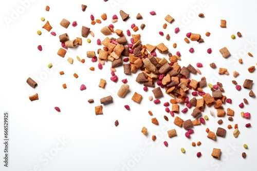 Dog food scattered in various directions on a white surface